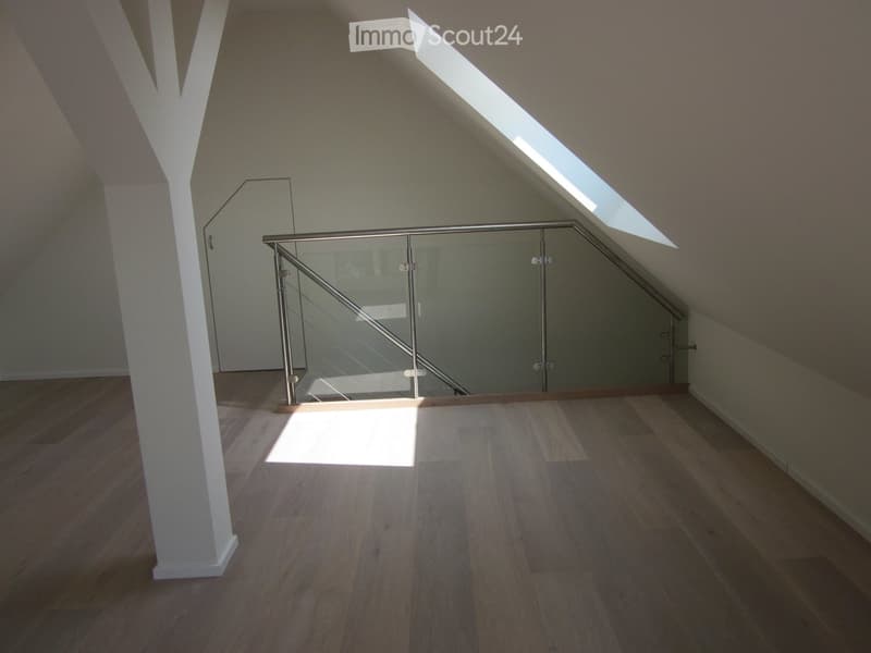 Glass railing, hardwood floor, skylight, sloping ceiling, spacious