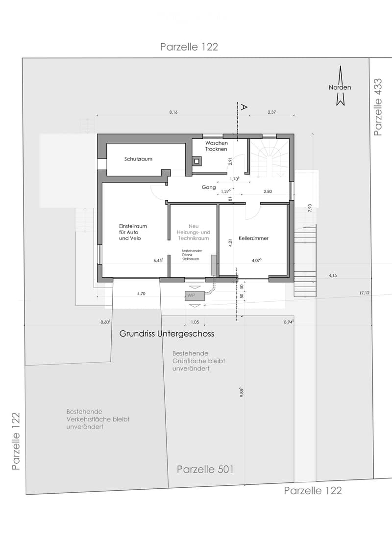 Floor plan of a basement level showing labeled rooms including a storage room, laundry area, technical room, and parking space.
