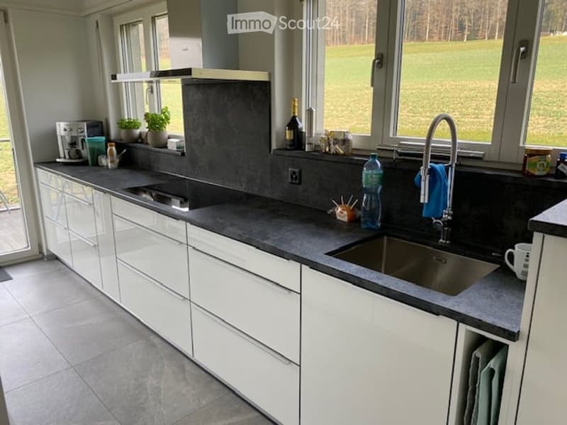 Modern kitchen with white cabinets, black countertops, stainless steel sink, and large windows overlooking a green field.