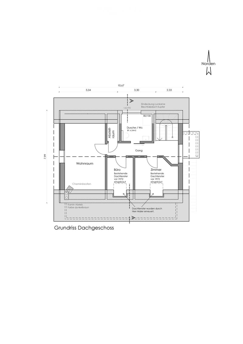 Floor plan of a roof floor showing a living room, office, bedroom, bathroom, hallway, and chimney. Includes measurements and notes on existing roof windows and chimney removal.