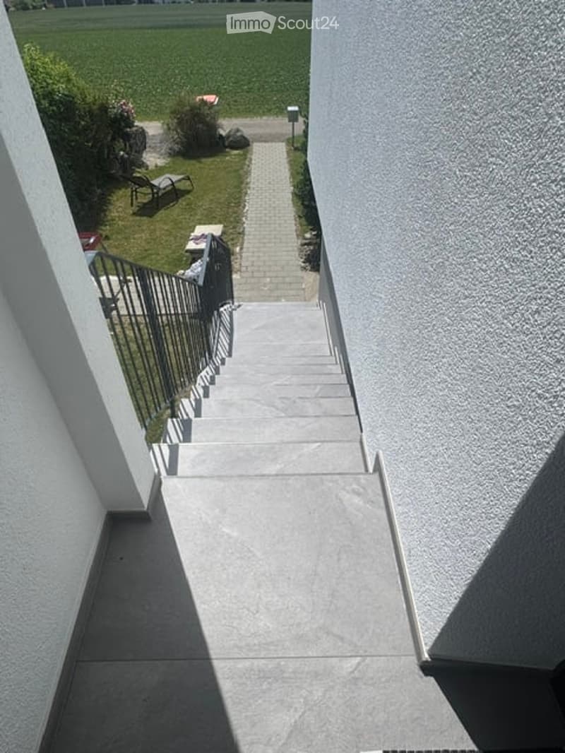 A concrete staircase leading up from a lower level, flanked by white walls and a metal railing, with a small garden visible in the background.