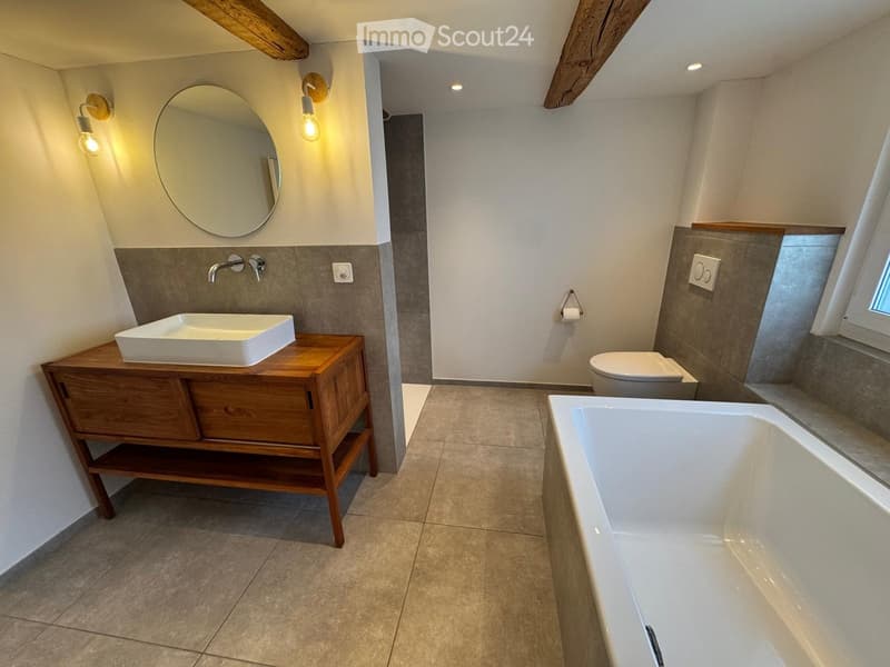 Modern bathroom with a bathtub, toilet, sink on a wooden cabinet, and a large round mirror above the sink.