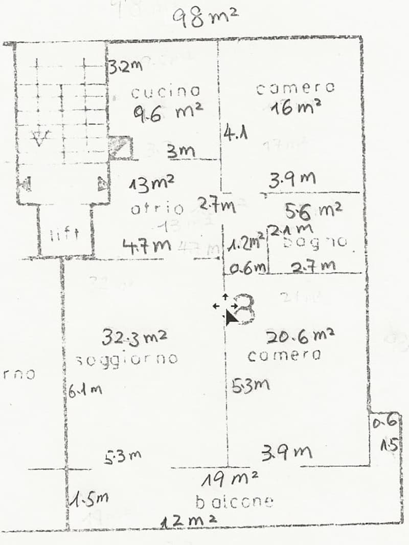 Floor plan of a 98 m² space including a kitchen (9.6 m²), living room (16 m²), hallway (13 m²), bedroom (32.3 m²), and balcony (12 m²).