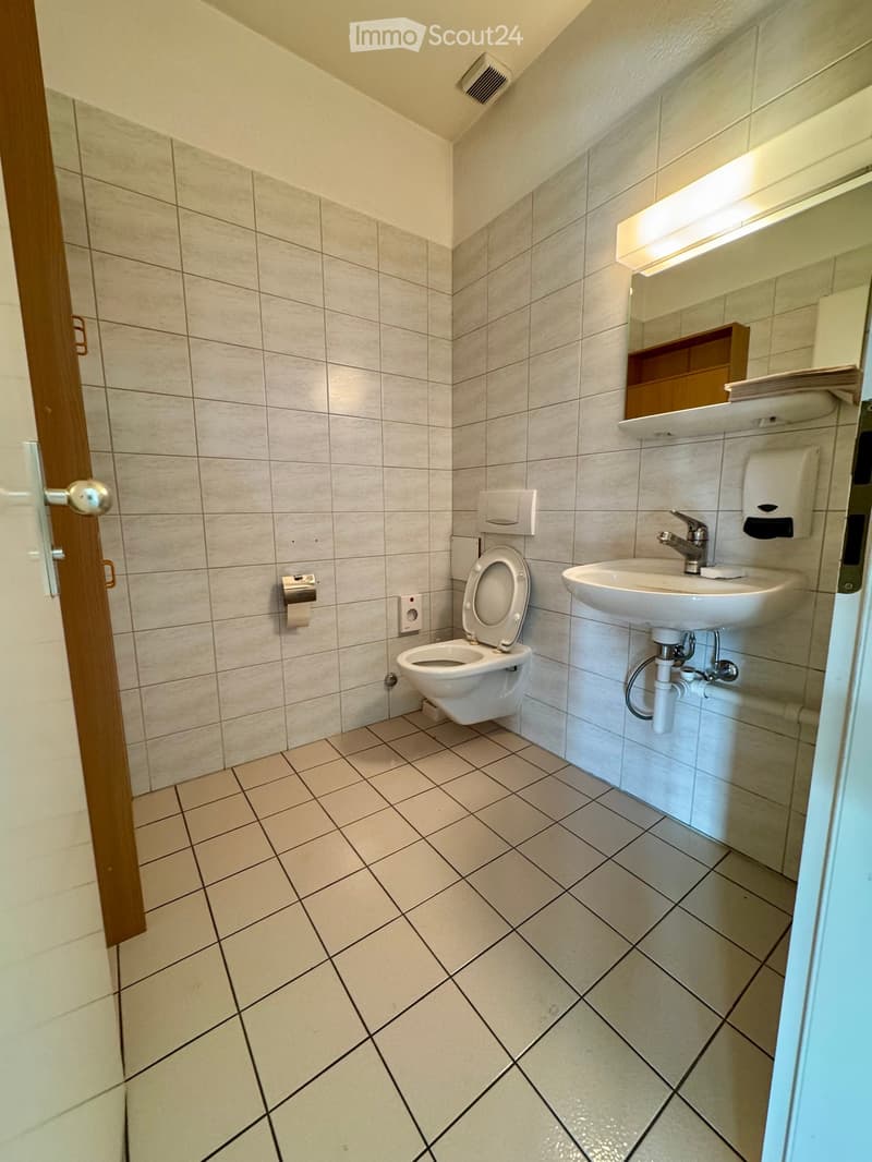 Modern bathroom with tiled walls and floor, featuring a toilet, sink, and mirror. The sink has a modern faucet, and the toilet is positioned next to a handrail. The walls are covered in light grey tiles, and the floor has a diamond-patterned tile design.