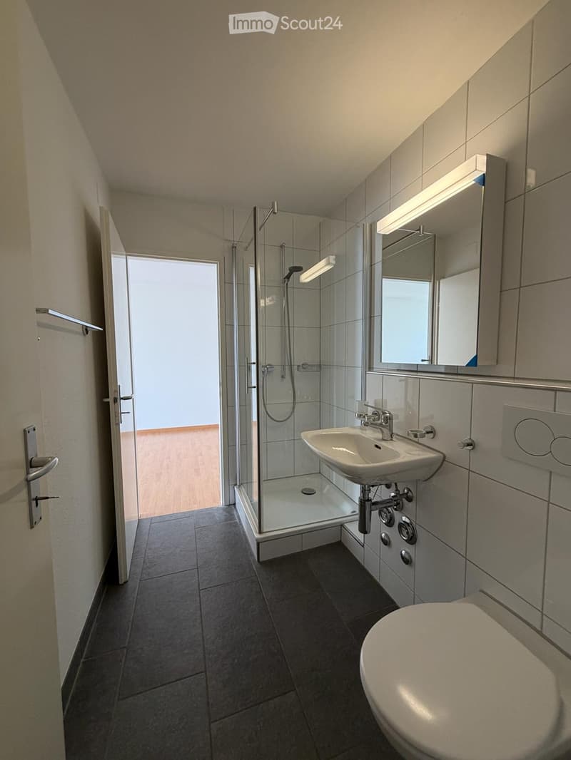Modern bathroom with a glass-enclosed shower, white sink, toilet, and built-in mirror with lighting. The space features dark tiled flooring and light-colored walls.