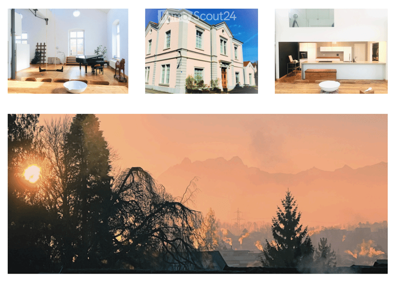 Four distinct images: a modern living room with a piano, a classic multi-story house exterior, a contemporary kitchen, and a scenic mountain sunset view.