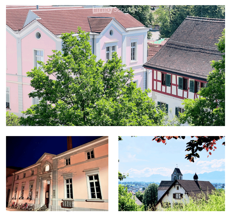 Four distinct buildings are shown, each with unique architectural styles and colors, surrounded by lush greenery and trees.
