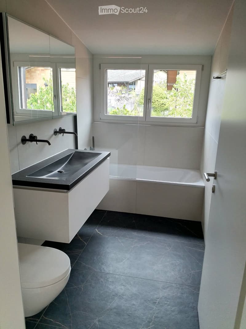Modern bathroom with glass door, white bathtub, vanity with sink, white toilet, large mirror, large windows