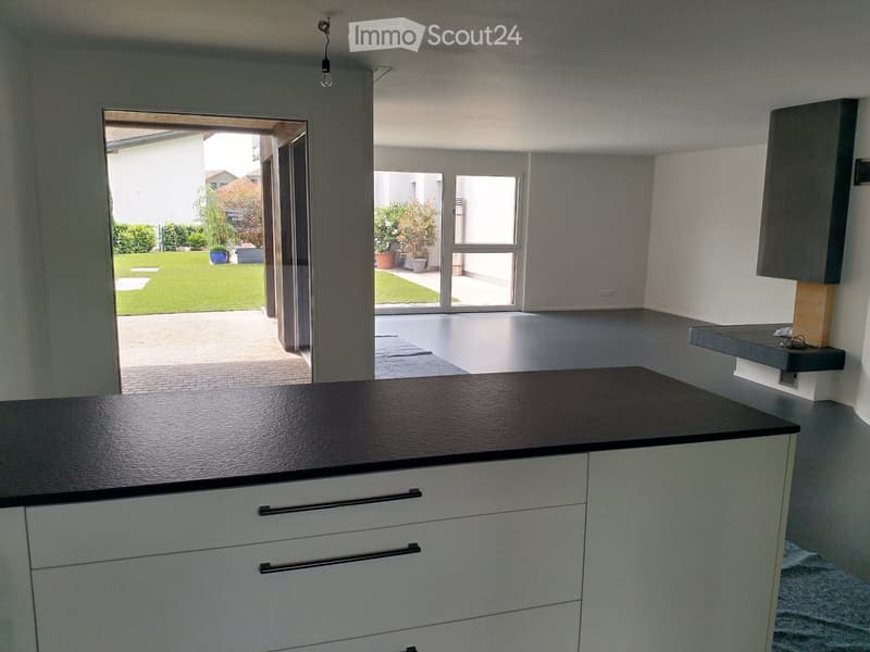 Modern kitchen with white cabinetry, black granite countertop, glass doors leading to an outdoor patio, large windows, and indoor plants.