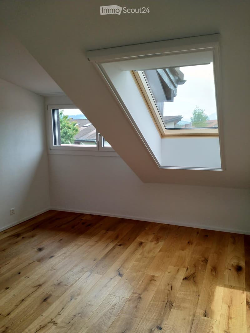 empty room, wooden floor, 2 windows, sloping ceiling, skylight