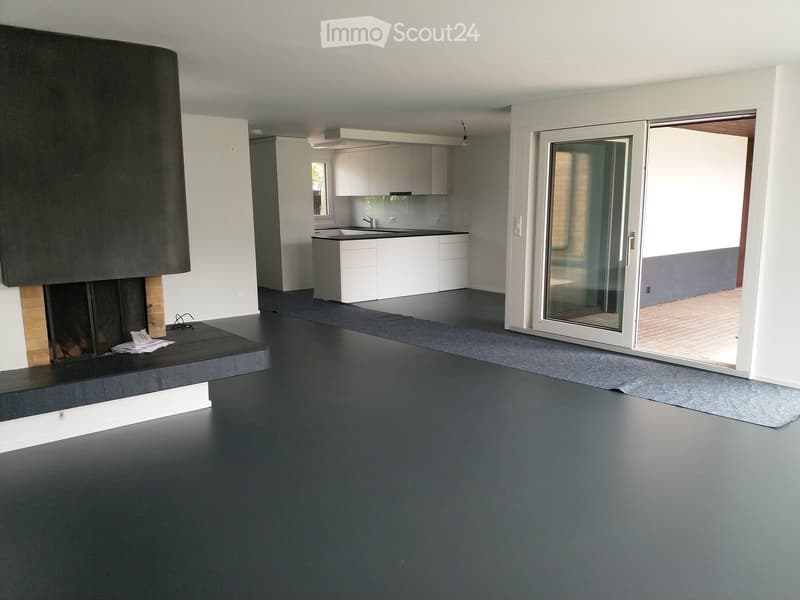 Empty room with large fireplace, large gray floor, white cabinets, gray rug, open sliding door