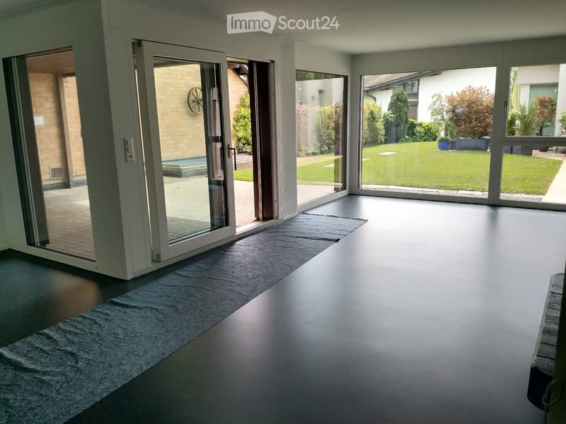Empty room with glass walls and doors, two rugs on the floor, garden view.
