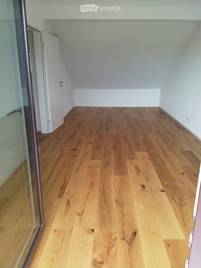 Empty room, wooden floor, glass doors, white walls