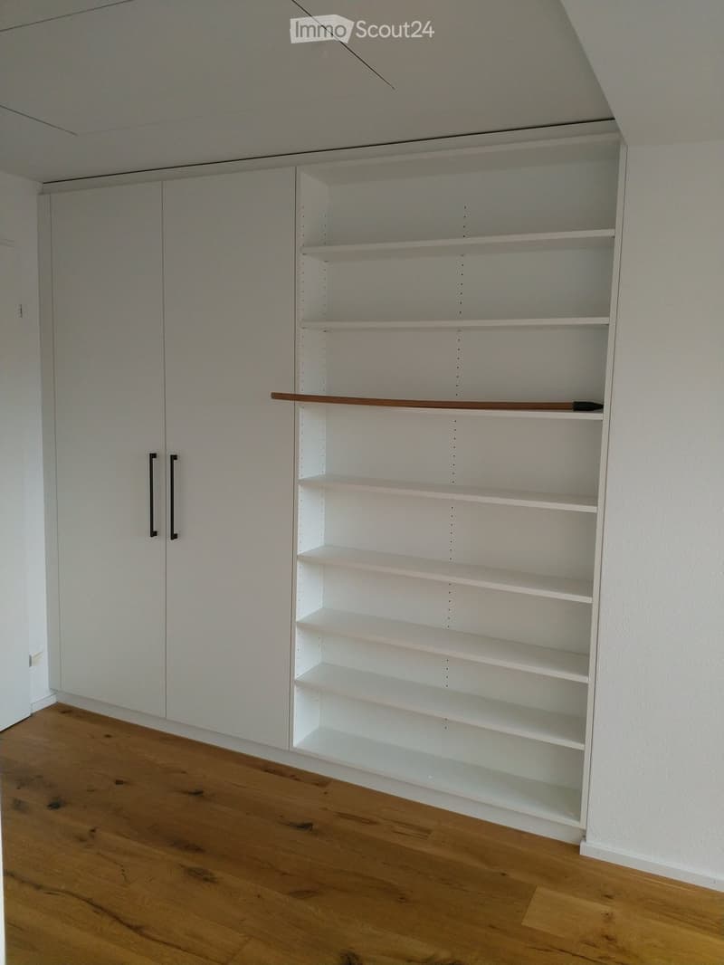 white cabinets, shelves, brown floor, empty