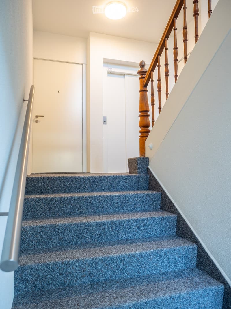 Carpeted staircase with wooden handrail and balusters, white walls, and closed doors at the end of the hallway.