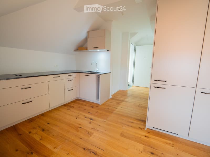 Modern kitchen with light-colored cabinets, wooden flooring, and a sink with a faucet.