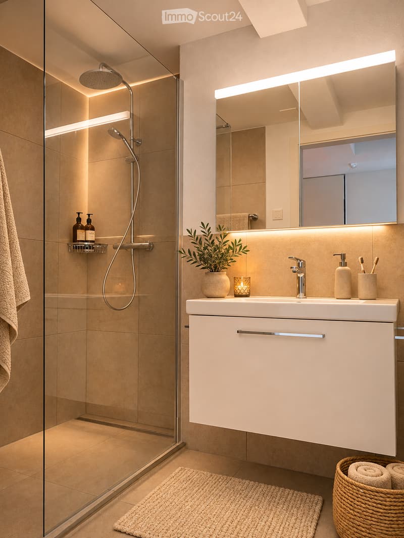 Modern bathroom with a white sink, built-in cabinet, large mirror with LED lighting, glass-enclosed shower, and decorative elements including a plant and candle.