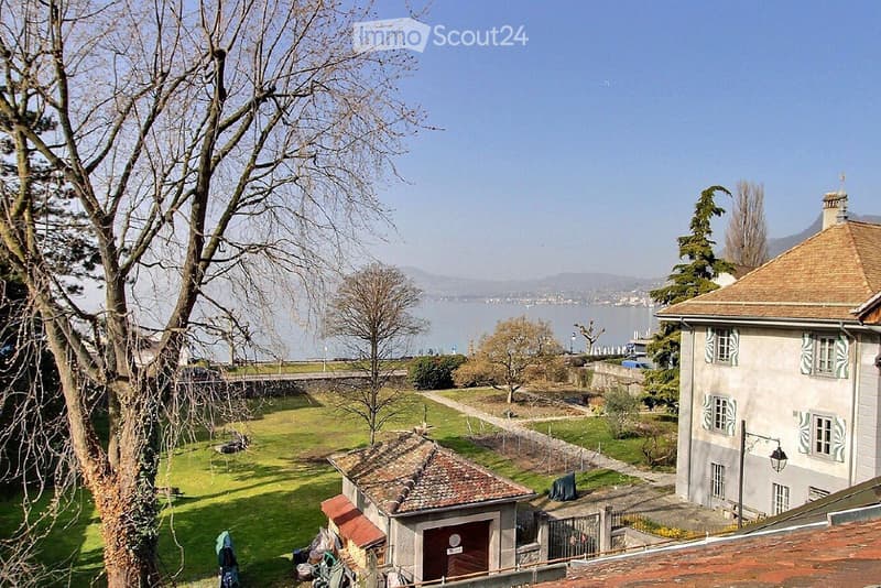 View of a garden area with a house, trees, and a scenic lake and mountain view in the background.