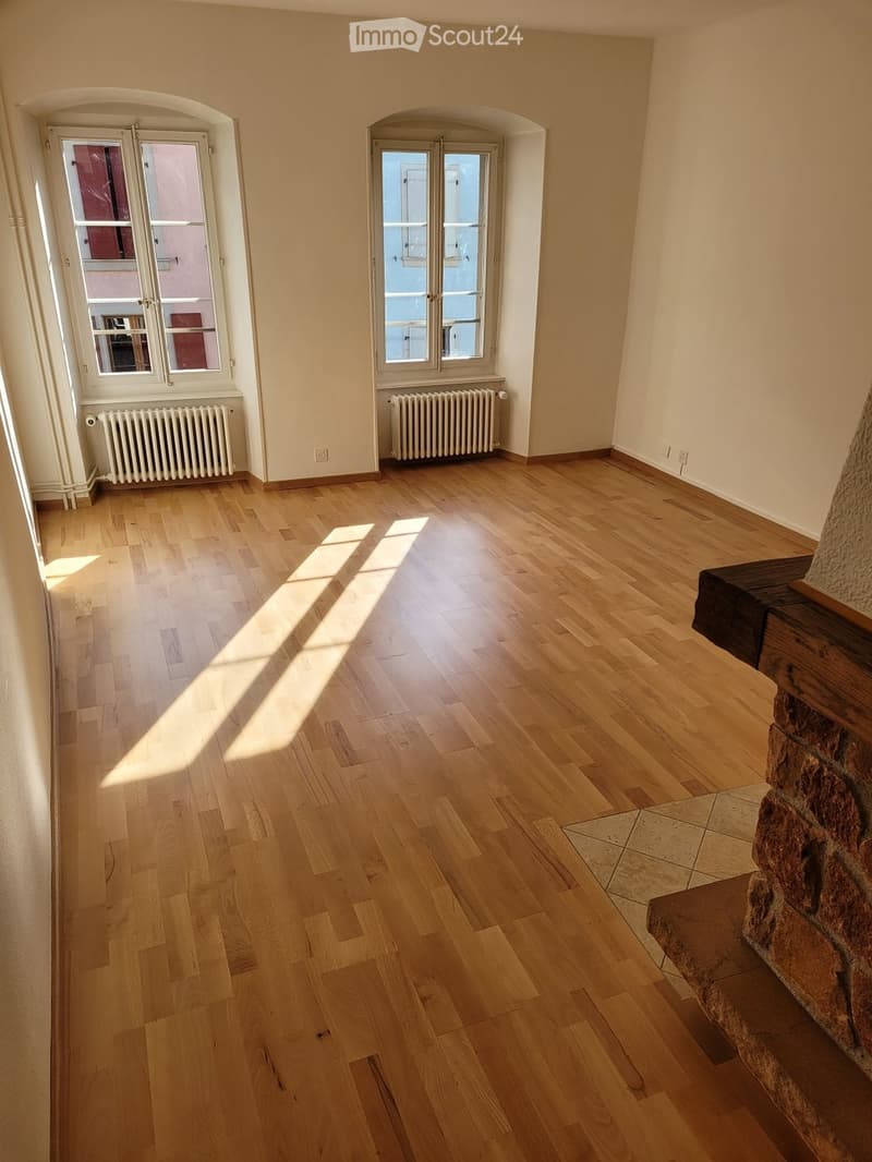 Empty room with wooden flooring, two arched doorways with windows, radiators, and a stone fireplace base.