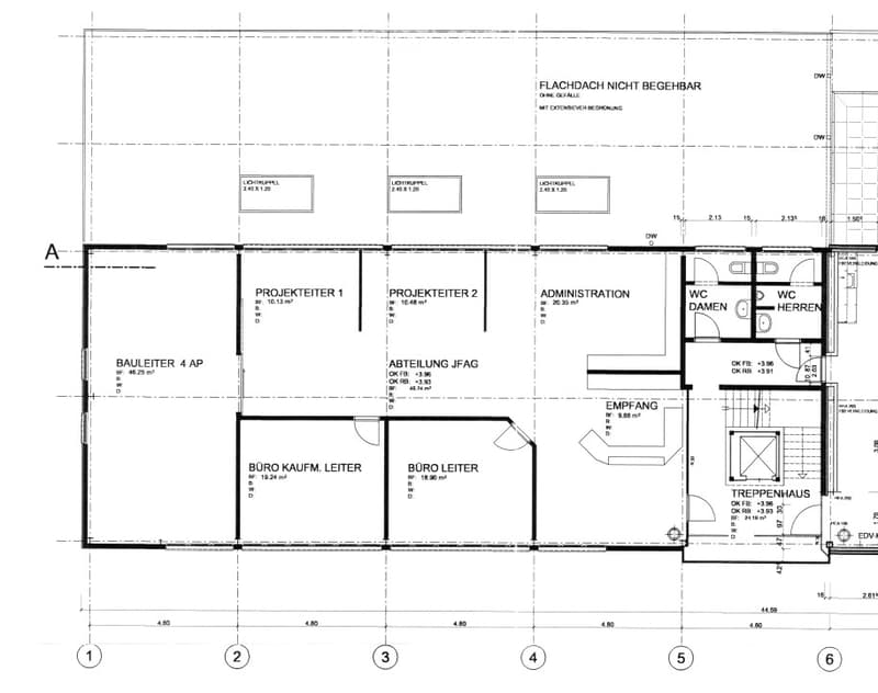 Floor plan of a multi-room office or administrative building, including project rooms, administration, reception, bathrooms, and a staircase.
