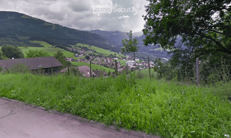 A scenic view of a rural village nestled in a valley, surrounded by lush green fields and mountains under a partly cloudy sky.