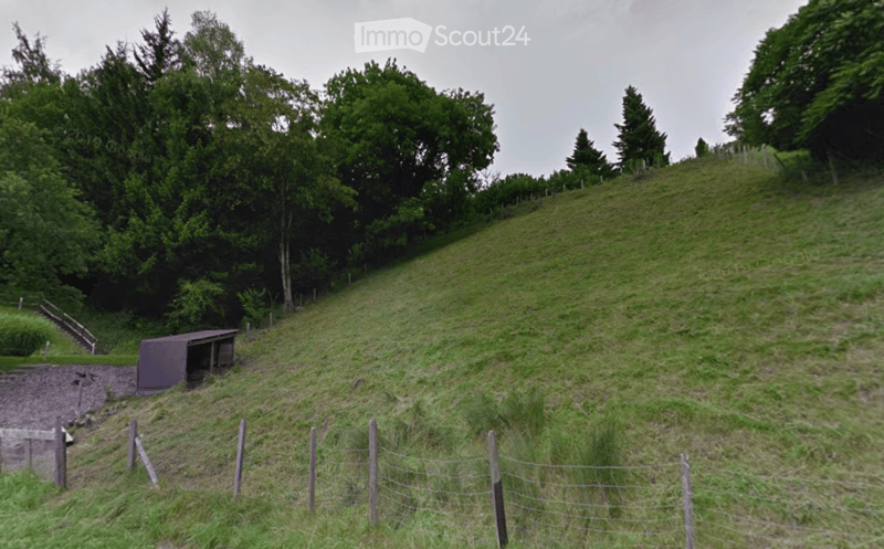 A grassy hillside surrounded by trees, with a small shed and a fence in the foreground.