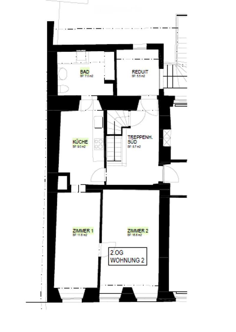 Floor plan showing two bedrooms, a kitchen, a bathroom, and a separate room indicated as 'REDUIT'.