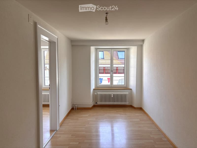 wooden floor, white walls, open door, window, heater