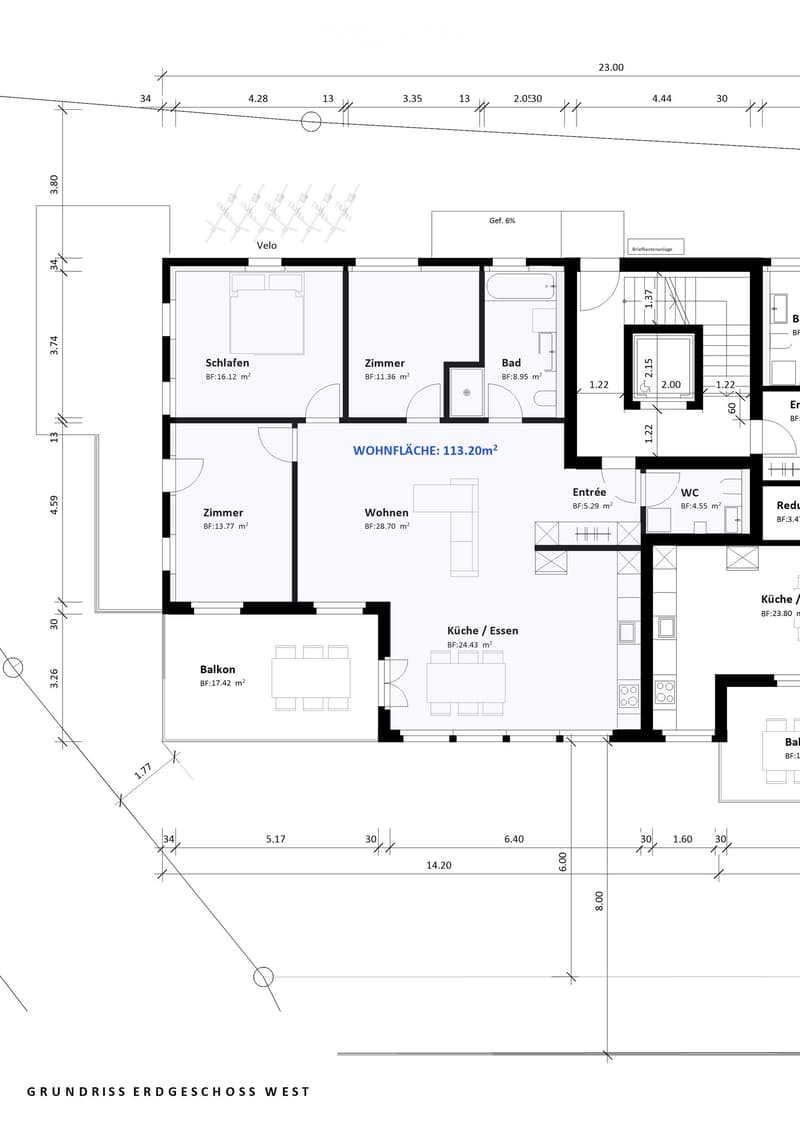 Floor plan of a 113.20 m² apartment featuring a living area, kitchen, three bedrooms, bathroom, entrance, and balcony.