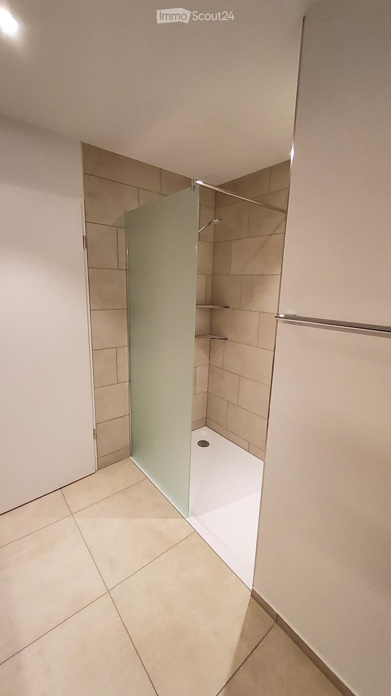 Modern bathroom with a glass-enclosed shower stall, beige tiles, and built-in shelves.