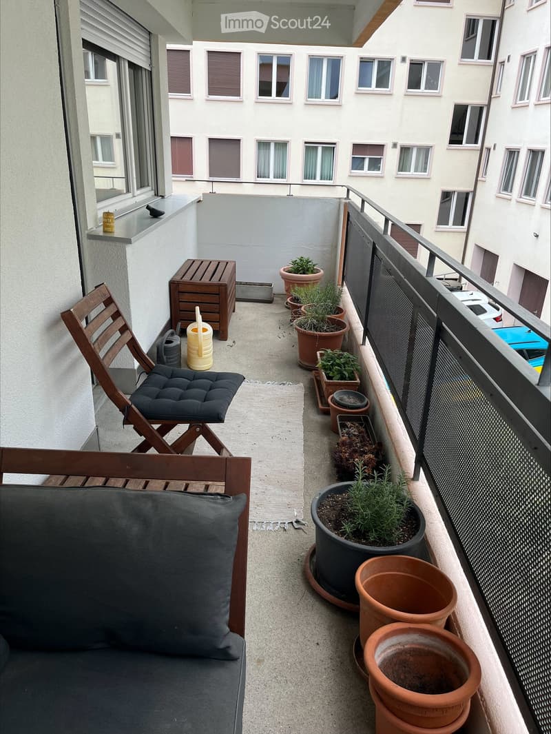 Balcony with a sofa, chair, small wooden stool, and several potted plants arranged on the floor.