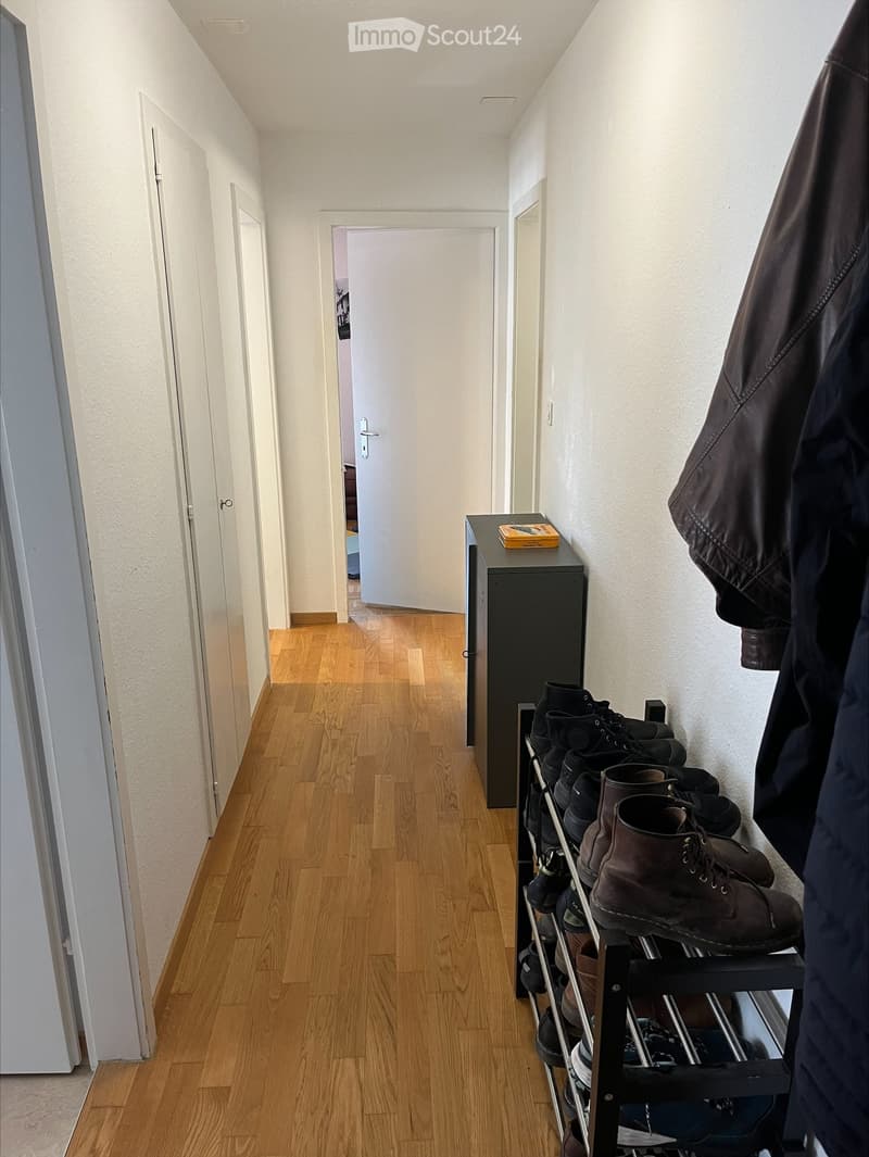A narrow hallway with wooden flooring, white walls, and several doors leading to other rooms. A shoe rack with multiple pairs of shoes and a coat hanging on the wall are visible.