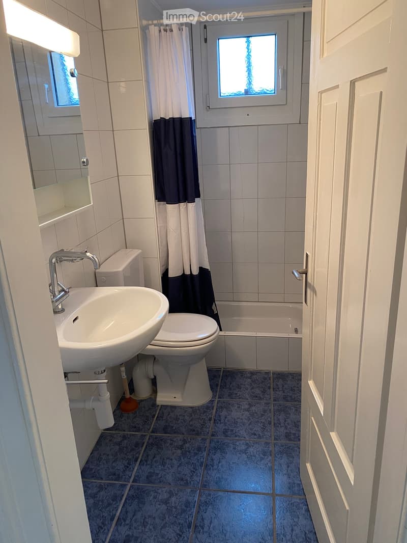 Bathroom with a sink, toilet, bathtub, and shower curtain. Blue tiled floor and white tiled walls.