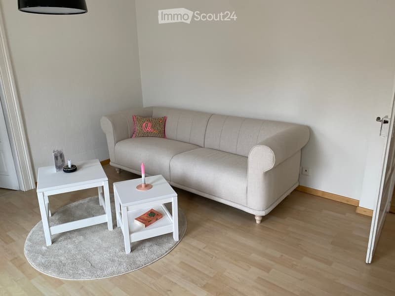 Living room with a light grey sofa, two white side tables, a round grey rug, and a hanging black lamp.