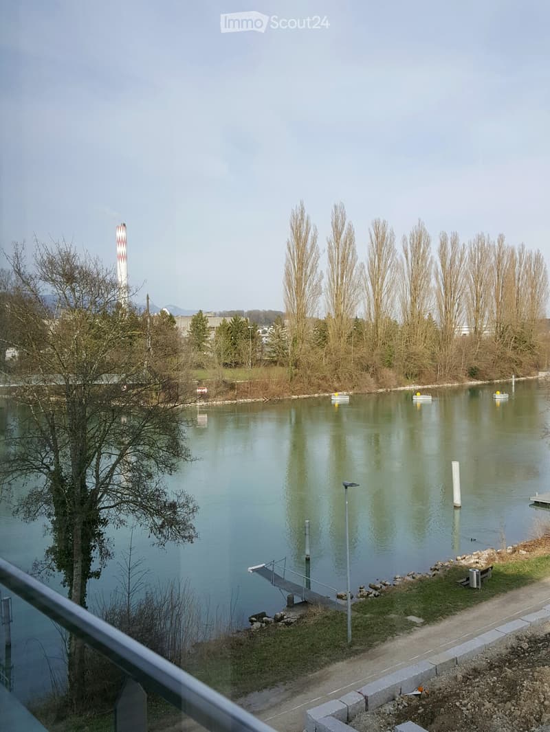 View of a calm lake with a small dock, a few boats, and surrounding trees and grassy areas.