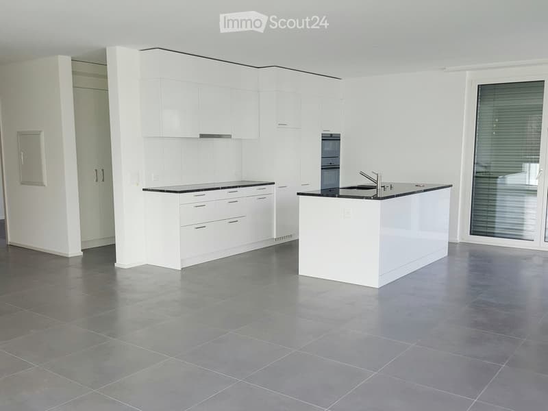 Modern kitchen with white cabinets, black countertops, and stainless steel appliances. Features a central island with a sink and faucet, and built-in oven.