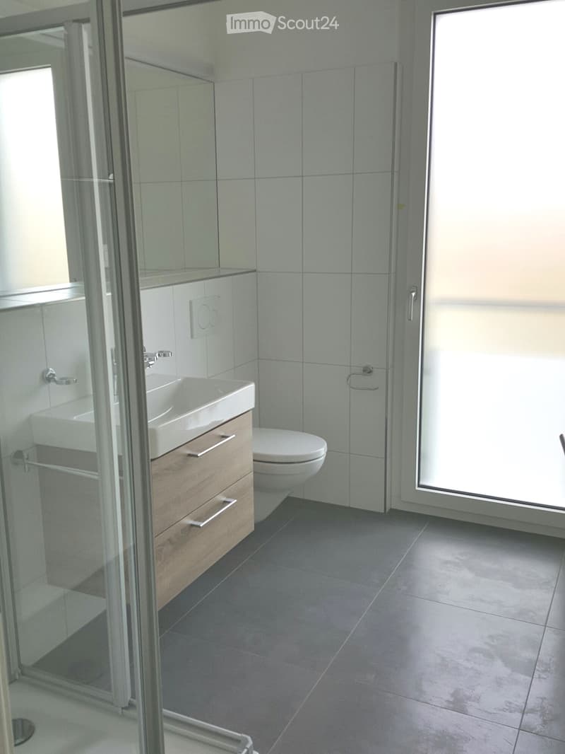 Modern bathroom with a white sink, toilet, and glass-enclosed shower. Grey tiles on walls and floor, wooden vanity with drawers.