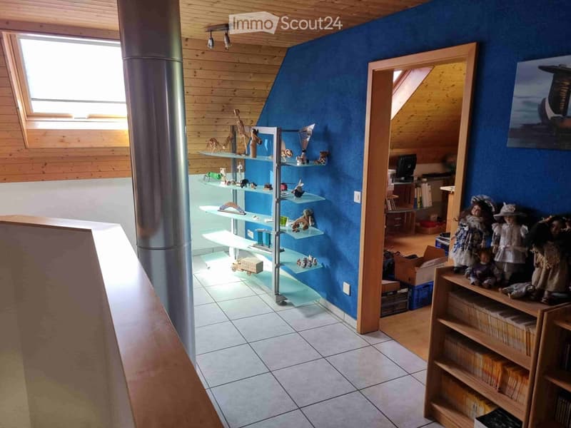 A well-lit room with wooden walls, glass shelves filled with decorative items, dolls, books, and a computer screen. The room features a slanted ceiling and skylights.