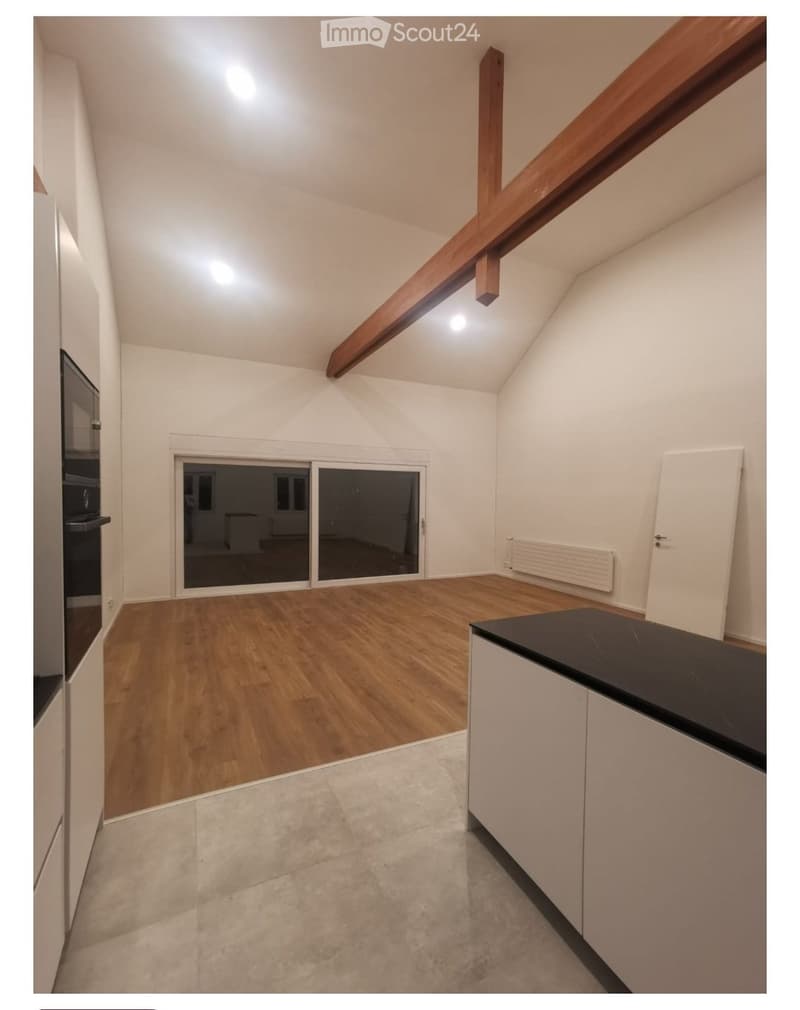 Empty room with wooden flooring, white walls, and a large sliding glass door leading to another space. The room features a white cabinet with a black countertop and a radiator on the wall.