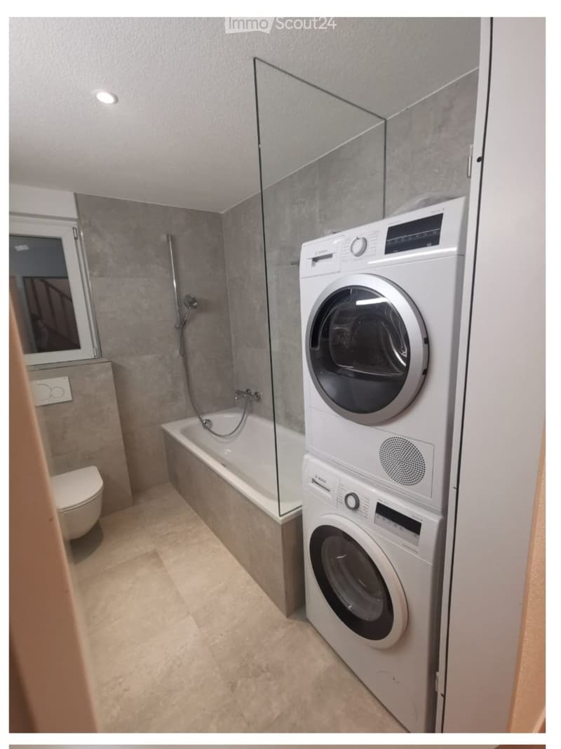 Modern bathroom with a bathtub, toilet, washing machine, and a glass-enclosed shower area.