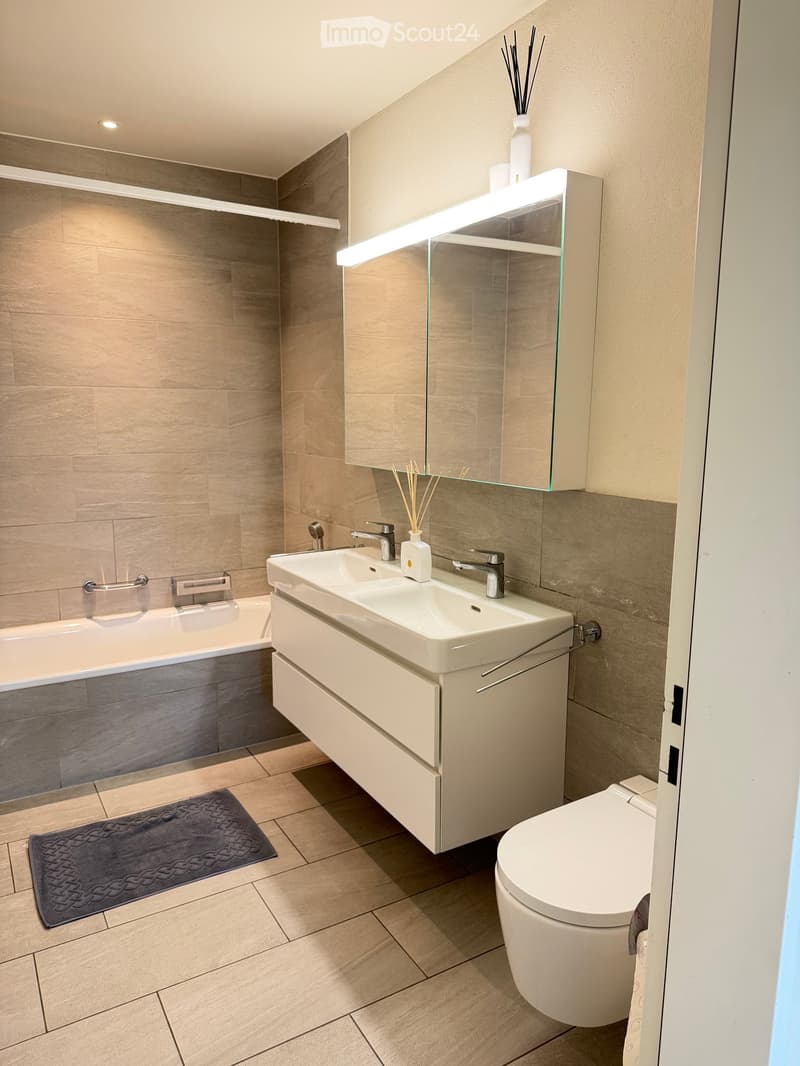 Modern bathroom with a bathtub, sink, toilet, and a large mirror with built-in lighting. Features a dark bathroom rug and a decorative vase with reeds on the sink counter.