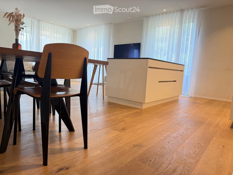 Modern dining area with a wooden table, chairs, a kitchen cabinet, and a television in the background.