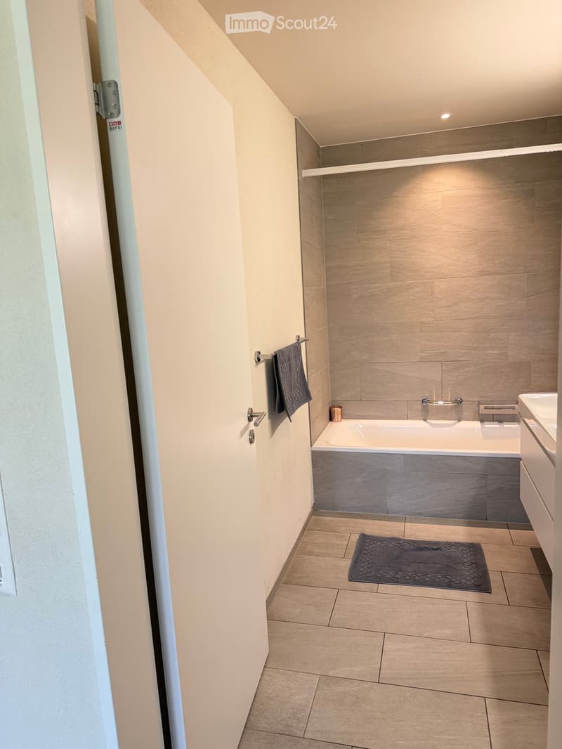Modern bathroom with a bathtub, sink, towel, and a small rug on the floor.