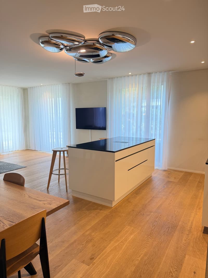 Modern open-plan living and dining area with light wooden flooring, a sleek kitchen island, a dining table with chairs, and a television mounted on the wall. The space is illuminated by a stylish ceiling light fixture and features large windows with sheer