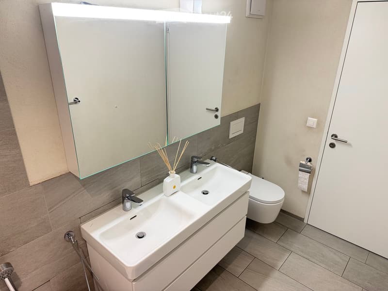 Modern bathroom with a double sink, large mirror, toilet, and a decorative diffuser on the counter.