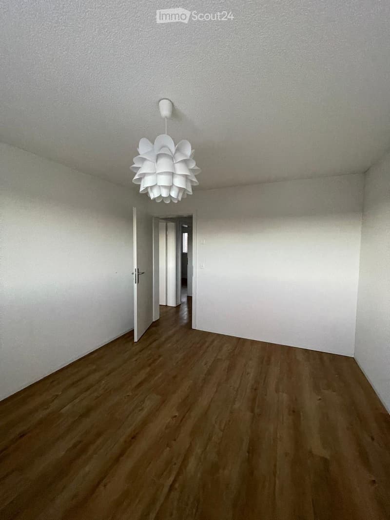 Empty room with wooden flooring, white walls, and a modern white pendant light fixture. An open doorway leads to another room.