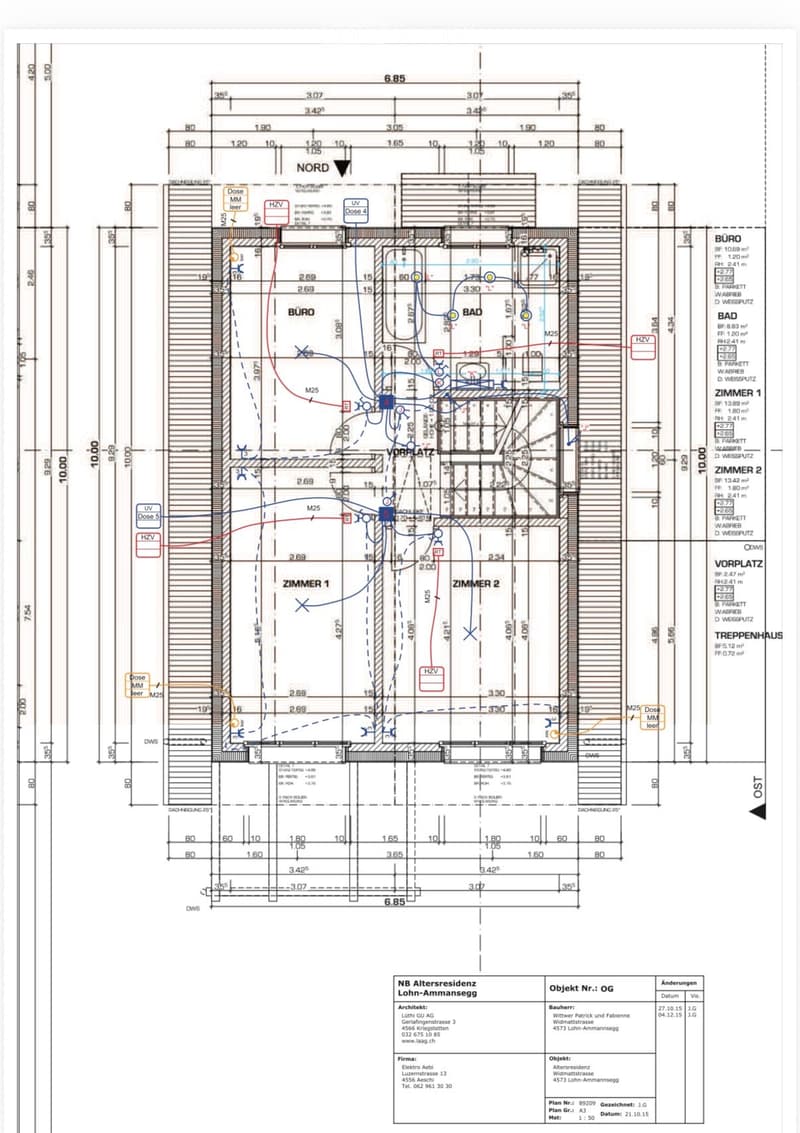 Floor plan of a residential unit showing rooms labeled BÜRO, BAD, ZIMMER 1, ZIMMER 2, VORPLATZ, TREPPENHAUS, and others. Includes dimensions, door and window placements, and technical notations.