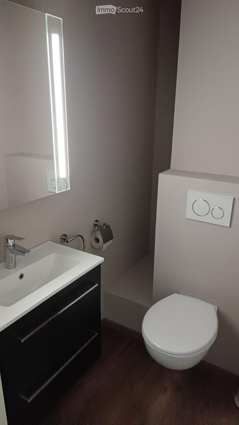 Modern bathroom with a white sink, chrome faucet, toilet, and a wall-mounted mirror. The walls are light grey, and the floor is a dark brown tile.