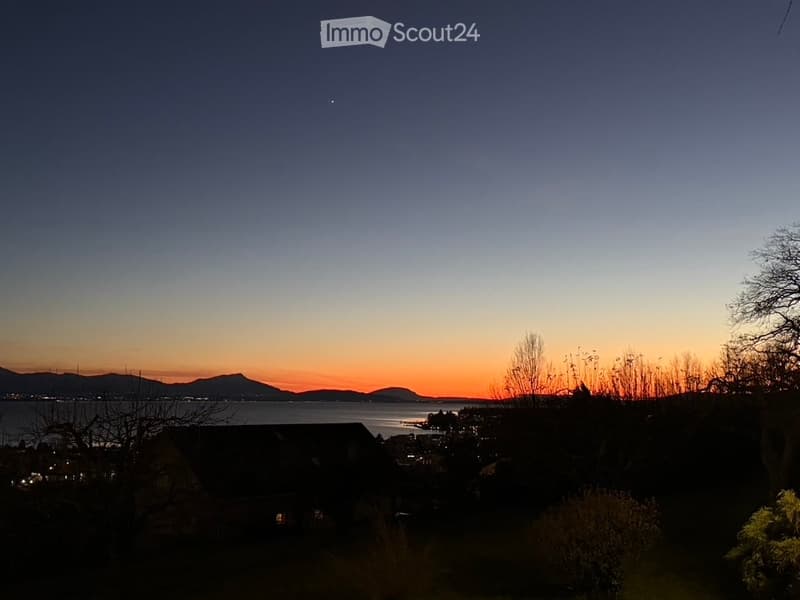 View of a sunset over a body of water with distant mountains and silhouettes of trees and buildings.