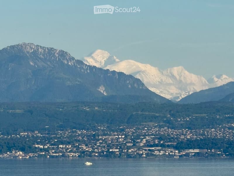 Panoramic view of a city with snow-capped mountains in the background, a body of water in the foreground, and scattered buildings and trees in the midground.